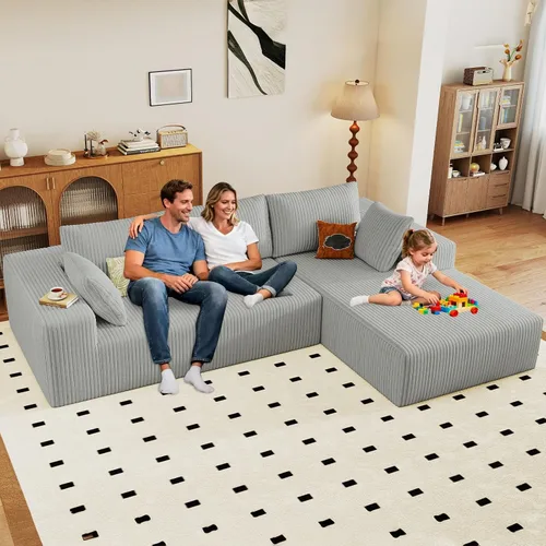 Vista 30 de Sofá modular de 96 pulgadas en forma de L, sofá modular de 3 asientos, sofá modular de pana de espuma viscoelástica sin hueso para sala de estar