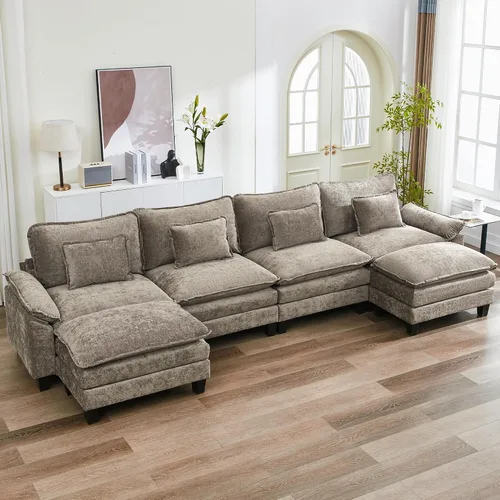 Vista 69 de URRED - Sofá seccional modular tipo nube, cómodo sofá cama de chenilla moderna con asientos profundos y otomán/almohadas para sala de estar