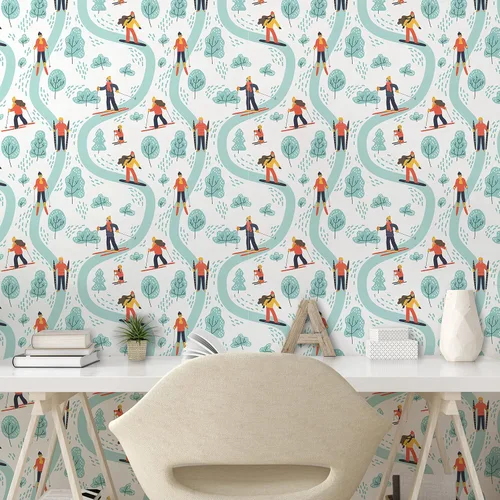 Vista 2 de Ambesonne Papel tapiz despegable y adhesivo con patrón de esquí para el hogar, personas esquiando en colores pastel continuos en la pista, árboles