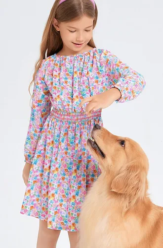 Vista 2 de Vestido floral con cintura fruncida para niñas, ropa de juego para la iglesia, vacaciones, vestido midi suave con bolsillos