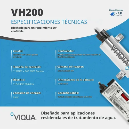 Vista 3 de VIQUA Sistema de agua ultravioleta de acero inoxidable VH200 Home - 9 GPM 35W