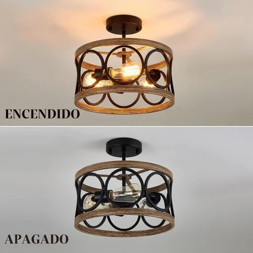 Vista 7 de MEIXISUE Lámparas de Techo de Montaje Semi-empotrado Estilo Granja Moderna, 3 Luces Acabado Negro y Madera Retro, Pantalla de Tambor Lámparas