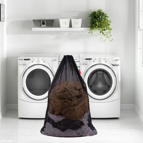 Vista 6 de Paquete de 2 bolsas de malla para lavandería, bolsa de 24 x 36 pulgadas con cordón resistente, fábricas, universidad, dormitorio, viajes y Negro