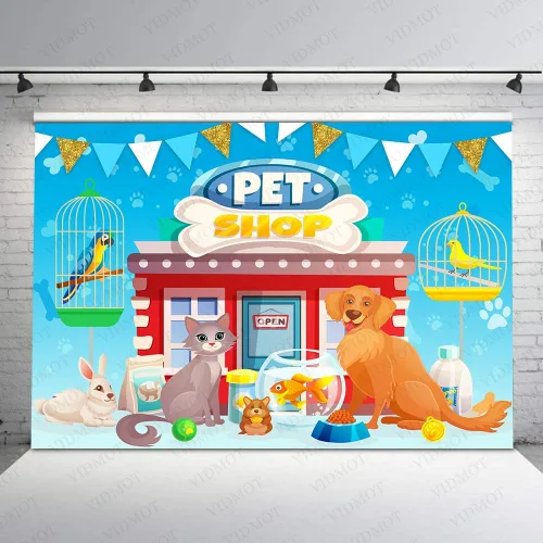 Vista 3 de Fondo de animales de perro y gato de 7 x 5 pies, fondo de tienda de mascotas de dibujos animados para baby shower, fiesta de cumpleaños, decoración