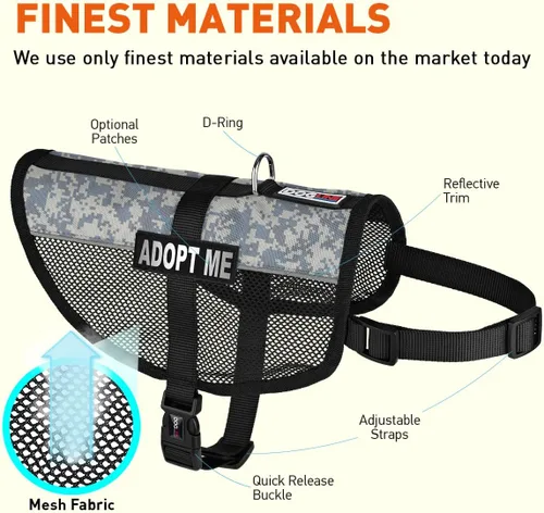 Vista 11 de Dogline MaxAire - Chaleco de malla para perros de 13 a 16 pulgadas y 2 parches extraíbles Adopt Me, talla S, color negro