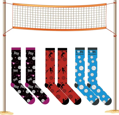 Vista 7 de Vicenpal 3 pares de calcetines altos de voleibol para mujer, novedosos calcetines deportivos divertidos hasta la rodilla, regalos para amantes