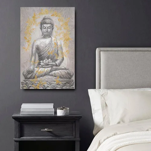 Vista 4 de Yidepot Lienzo decorativo de Buda para pared, lámina dorada: estatua zen con textura de flor de loto para budismo, decoración de pared, carteles