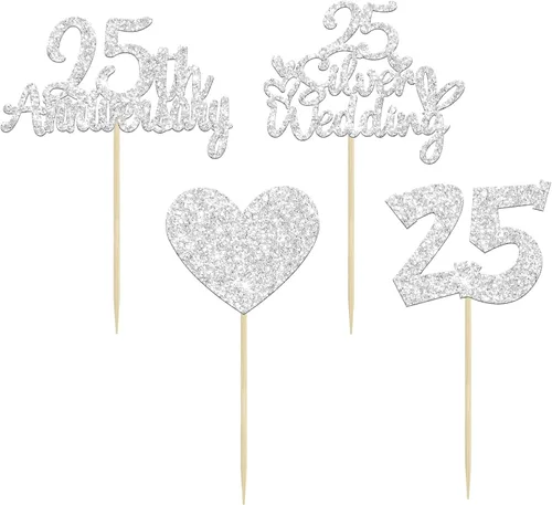 Vista 3 de Gyufise 24 adornos plateados para cupcakes de 25 aniversario, boda, aniversario de 25 años, decoración de pastel de corazón para 25 decoraciones