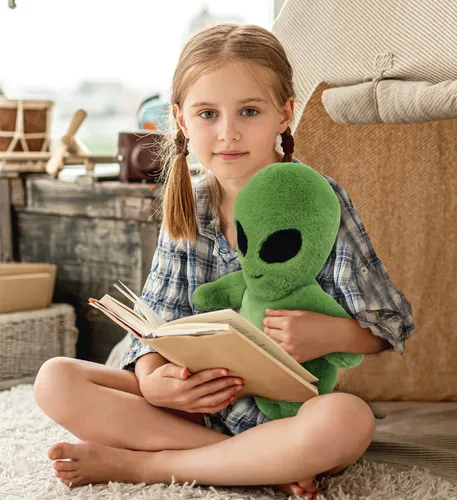 Vista 7 de DolliBu Peluche alienígena de peluche, alienígena verde suave, abrazable, adorable juguete de peluche de criatura espacial, lindos regalos extraños