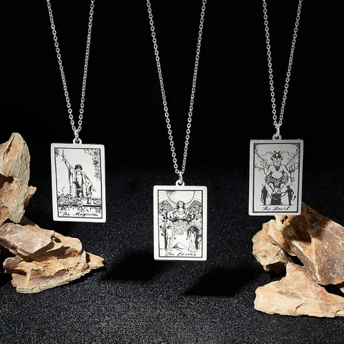 Vista 5 de SUNNYCLUE 10 piezas de 10 estilos de acero inoxidable Tarot Card Tarot Card Charms Collar Colgante Delicado Joyería Encantos para DIY Accesorios