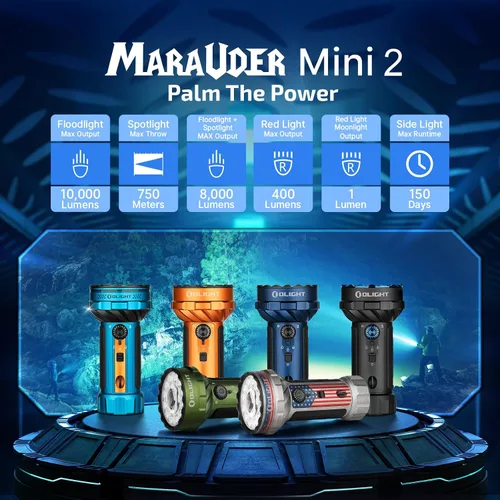 Vista 2 de OLIGHT Marauder Mini 2 linterna de alto lúmenes 5 modos de iluminación azul medianoche 10,000LM y 750M, carga dual tipo C y MCC3, IPX8