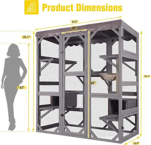 Vista 5 de Gran recinto de madera Catio para gatos al aire libre, condominio para gatos con 7 plataformas de escalada, 2 casas de siestas, panel de ventana