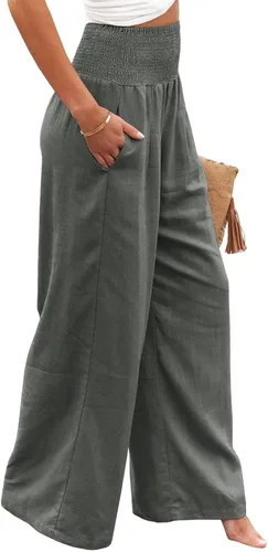 Vista 4 de Pantalones de lino de primavera para mujer, pantalones casuales palazzo, cintura alta, bohemios, piernas anchas, holgados, con bolsillo