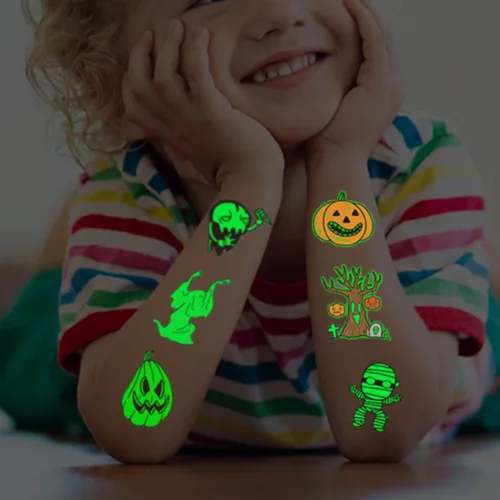 Vista 4 de CHARLENT Tatuajes temporales luminosos de Halloween para suministros de fiesta de niños, 120 estilos que brillan en la oscuridad de Halloween