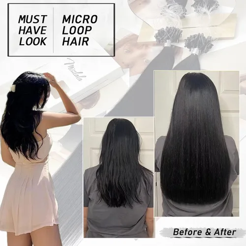 Vista 2 de Extensiones de cabello humano microlink de 16 pulgadas, extensiones de cabello natural suave de microcuentas, color #1 negro azabache, 100% cabello