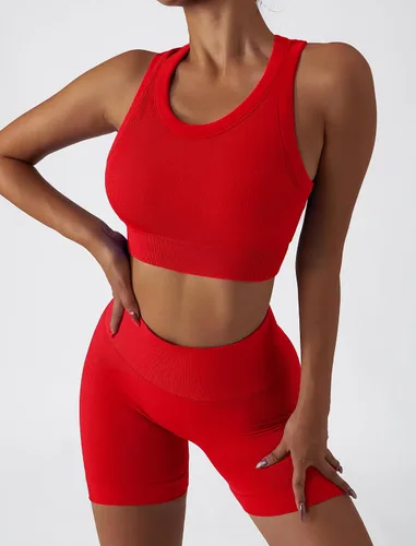 Vista 74 de Conjuntos de entrenamiento para mujer, 2 piezas, sin costuras, acanalada, sin mangas, brasier deportivo, cintura alta, pantalones cortos