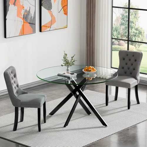 Vista 22 de Juego de mesa de comedor de cristal plateado moderno de 47 pulgadas para 2, juego de mesa de comedor de cocina redonda de 3 piezas con patas