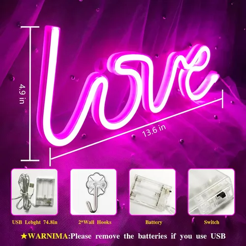 Vista 5 de Letrero de neón de amor para dormitorio, USB o batería, luz de neón para pared, luz de neón LED como letreros de pared de neón para niñas, letrero