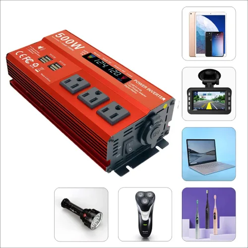 Vista 4 de Inversor de Potencia de 500W Pico 1000W para Vehículos, DC 12V a 110V AC, 4 x 2.4A Puertos USB Adaptador de Enchufe para Carro con Toma con 1 Puerto