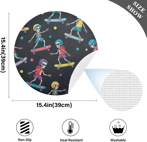 Vista 4 de Playful Skeletons Black PVC Placemat, Non Slip Heat Resistant Placemats for Kitchen one sizex6