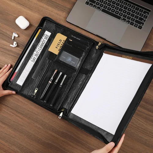 Vista 5 de Cartera de cuero genuino, organizador de padfolio de 11 x 14 pulgadas con cremallera, cartera profesional de negocios para hombres y mujeres