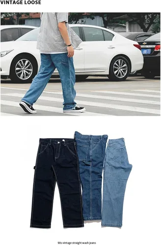 Vista 3 de KOCHHA Pantalones vaqueros grandes anchos de algodón de ajuste relajado Carpenter Jean Denim Pantalones Hip Hop azul
