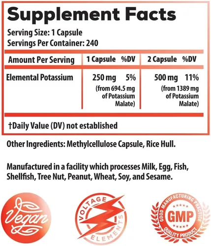Vista 2 de Malato de Potasio 1389mg - Producción de ATP y energía celular, equilibrio electrolítico - Potasio elemental 500mg (240 cápsulas) vegano