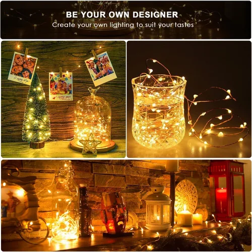 Vista 4 de ANJAYLIA Paquete de 4 luces de hadas de 16.4 pies, 50 luces LED, funciona con pilas, mini luces estrelladas parpadeantes para bodas, fiestas Blanco