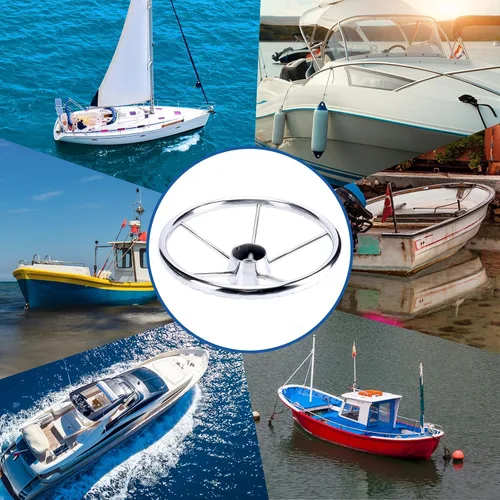 Vista 8 de Amarine-made13-1/2 pulgadas 5 radios estilo destructor acero inoxidable volante de barco