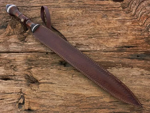 Vista 6 de Espada de gladiador de acero de Damasco/Espada de Gladius romana hecha a mano con funda de cuero.