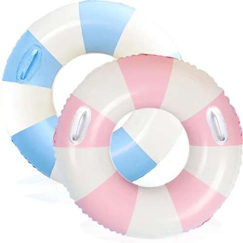Vista 12 de Flotadores inflables de piscina para adultos, paquete de 2 flotadores a rayas, tubos de piscina, anillos de natación con asas, flotador inflable