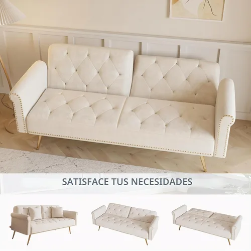 Vista 4 de Sofá Cama Futón de Terciopelo Moderno 2 en 1, Sofá Cama Plegable Convertible con 2 Almohadas, Loveseat Reclinable Acolchado de 63" con Patas de Beige