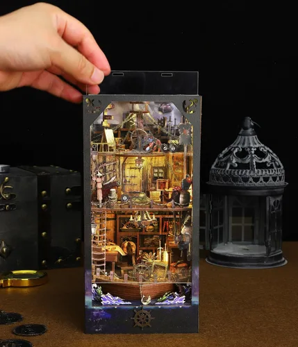 Vista 3 de Kit de rincón de libros, barco pirata, bricolaje, casa de muñecas en miniatura, decoración de estantería de madera 3D para adultos, soporte de casa