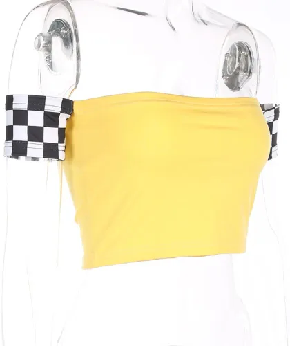 Vista 5 de Women's Plaid Printed T-Shirt Harajuku Kawaii Short SleeveOff Shoulder Crop Top