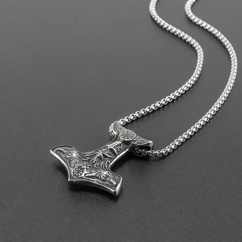 Vista 4 de Collar de martillo vikingo colgante nórdico de Mjolnir con cuervo amuleto pagano celta