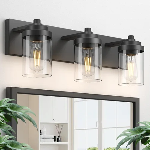 Vista 12 de Lámparas de tocador modernas de 4 luces sobre el espejo, lámparas de baño negro mate, luces de tocador, aplique de pared con pantalla de vidrio
