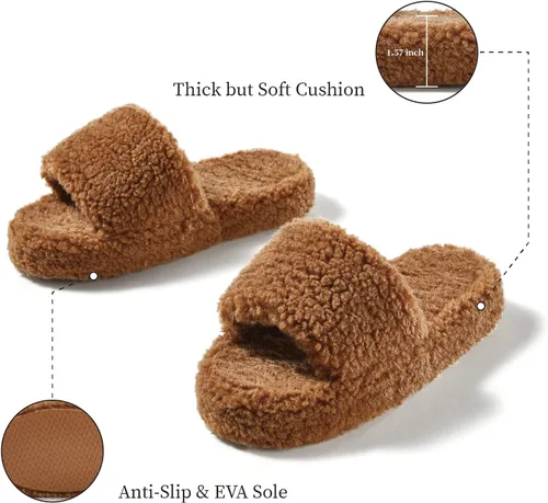Vista 3 de posee Pantuflas mullidas de espuma viscoelástica para mujer, pantuflas de punta abierta mullidas, de piel rizada, cómodas, suaves, antideslizantes
