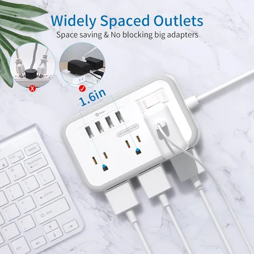 Vista 8 de NTONPOWER - Paquete de tira de alimentación de cable de extensión larga, regleta de enchufe plano de 25 pies con 3 tomas, 3 puertos USB, regleta