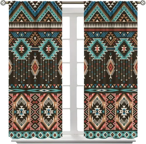 Vista 25 de Cortinas con patrón geométrico tribal, estilo suroeste, azteca, rústico, occidental, nativo americano, opacas, con bolsillo para barra, decoración