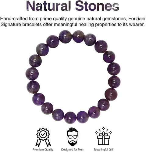 Vista 3 de Forziani 10mm Spiritual Beads Amethyst Bracelet for Men - Natural Stone and Trident Symbol Beaded Bracelet - Peace and Spirituality - Made in USA