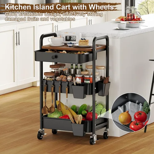 Vista 3 de Carrito de metal de 3 niveles con mesa y cajones de madera, carrito de almacenamiento negro sobre ruedas, organizador de carritos de arte de tres