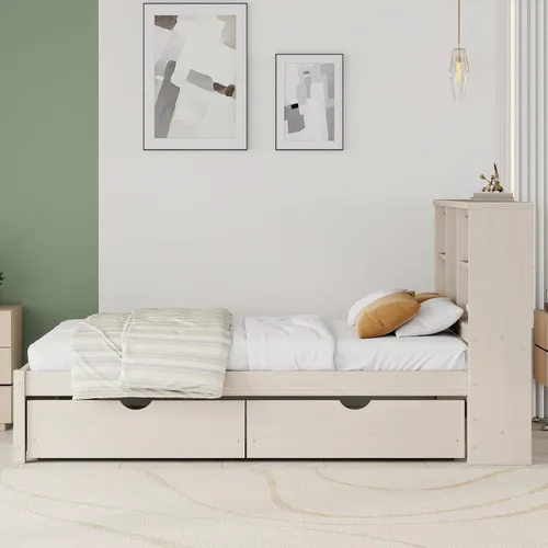 Vista 5 de SOFTSEA Twin Size Kids Bed Frame with Storage Drawers, Wood Platform Bed with Storage Headboard and Charging Station, No Box Spring Needed, Cream