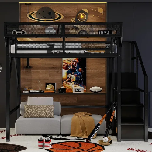 Vista 8 de Mirightone Cama elevada de tamaño completo con escaleras, camas elevadas de metal, estructura de cama elevada con estantes de almacenamiento, cama