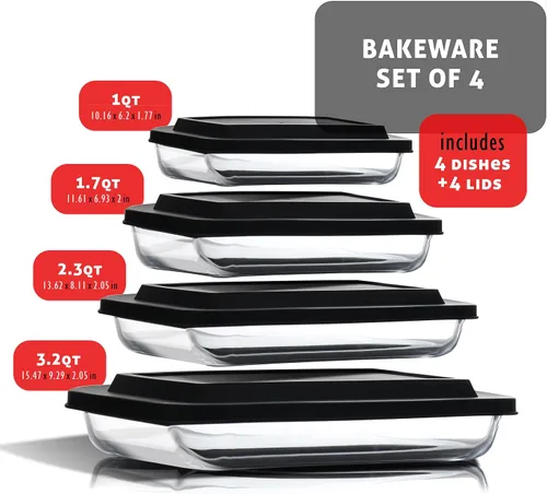 Vista 9 de EATEX Cacerola de vidrio profundo de 8 piezas para horno con tapas de plástico, platos de vidrio para horno, utensilios rectangulares para hornear