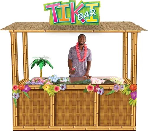 Vista 5 de Beistle 3-D Tiki Bar Prop - Pantalla grande de cartón corrugado Luau, 6 pies 11 pulgadas x 7 pies 3 pulgadas, decoración de fiesta de playa temática