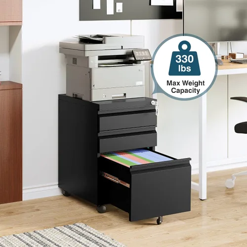 Vista 4 de MIIIKO - Archivador de metal con 3 cajones con ruedas, archivador móvil para debajo del escritorio de oficina en el hogar, archivadores totalmente