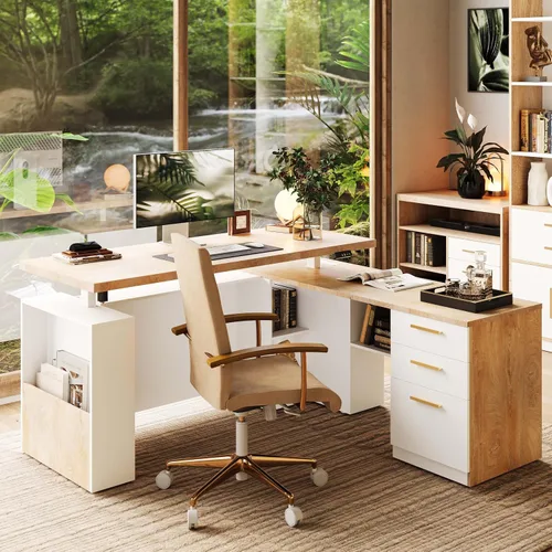 Vista 10 de ModernMate Escritorio ejecutivo de pie en forma de L de 63 pulgadas con 3 cajones