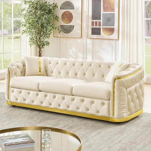 Vista 10 de Sofá Chesterfield de 62.6 pulgadas, moderno de mediados de siglo, sofá de terciopelo blanco beige y dorado, sofás de lujo para sala de estar