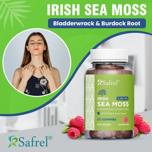 Vista 2 de Safrel Gomitas de musgo marino irlandés de 3000 mg con raíz de vejiga y bardana, energía tiroidea y apoyo inmunológico, sabor vegano a frambuesa, 60