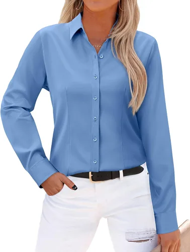 Vista 11 de Gleeivy - Camisas abotonadas para mujer, sin arrugas, de manga larga, camisas de vestir casuales con cuello V, ajustadas, de un solo